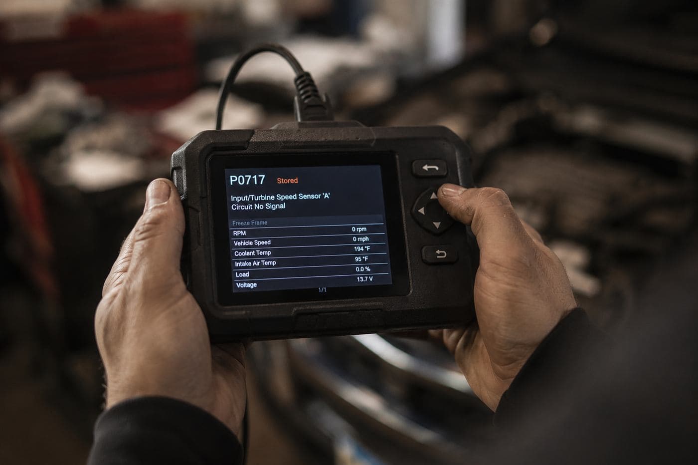 Escáner de diagnóstico leyendo un código de check engine, taller en Crystal, MN