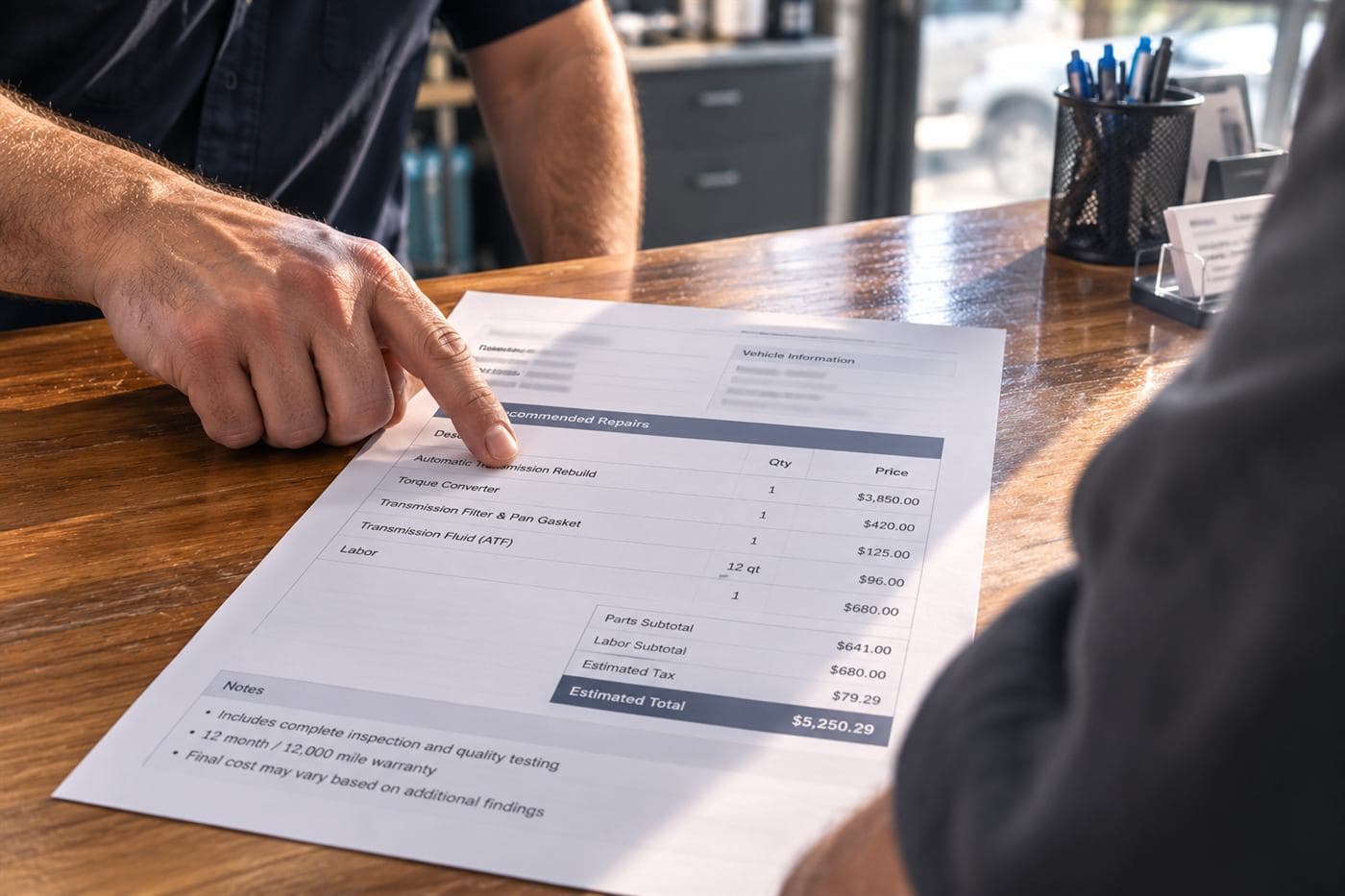 A written estimate being reviewed at the counter